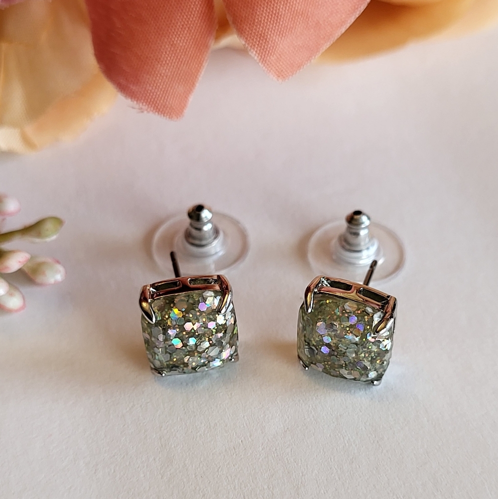 Kate Spade Opal Multi Glitter Square Stud Silvertone Pierce Earrings